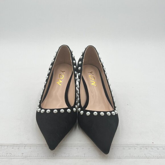 YDN Black Suede Pearl Kitten Heel Pumps Pointed Toe Dress Shoes for Office Lady - Picture 3 of 8